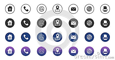 Contact icons. Information business communication symbols collection. Call internet location, address, mail and fax Vector Illustration