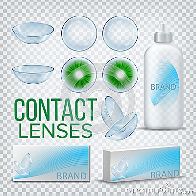 Contact Lenses Branding Design Mockup Vector. Myopia Care. Eye Lens. Medical Product. Soft Optical Glass. Healthy Vision Vector Illustration