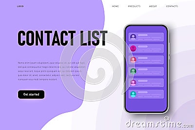 Contact list webpage template, list of contacts on the phone screen. Flat style Vector Illustration