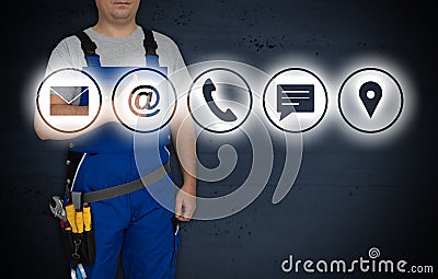 Contact options and craftsman with thumbs up Stock Photo