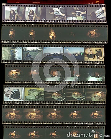 Contact sheet, the old color film positives in a transparent fil Stock Photo