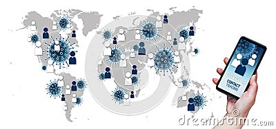 Contact Tracing COVID-19 Corona Virus Tracking App concept, hand holding cell phone with application design on screen in front of Stock Photo