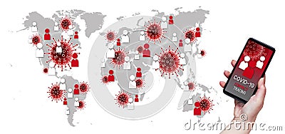 Contact Tracing COVID-19 Corona Virus Tracking App concept, hand holding cell phone with application design on screen in front of Stock Photo