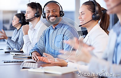 Contact us, call center or portrait of friendly black man in telecom communications company in help desk. Happy smile Stock Photo