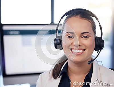 Contact us, call center or portrait of happy woman in telecom communications company in help desk. Smile, crm or face of Stock Photo