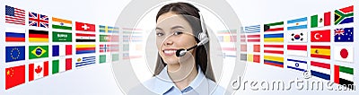 Contact us, customer service operator woman with headset smiling Stock Photo