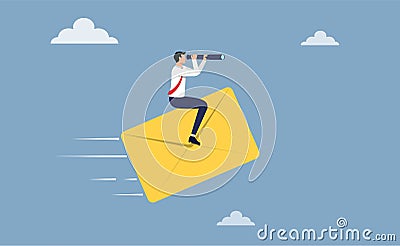 Contact us, email, customer services concept. Businessman holding telescope on mail envelope vector illustration Vector Illustration