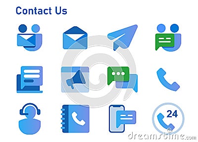 contact us icon set collection from email call hone web form message smartphone chat and text mail envelope symbol blue Vector Illustration