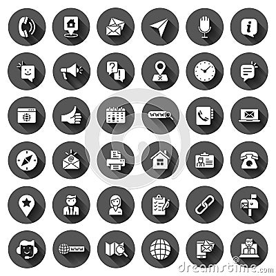 Contact us icon set in flat style. Mobile communication vector illustration on black round background with long shadow effect. Vector Illustration