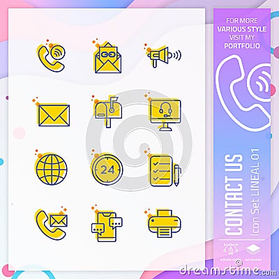 Contact us icon set with lineal style for service symbol. Communication icon bundle can use for website, app, UI, infographic, Vector Illustration