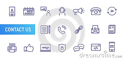 Contact us line icon set. Email thin outline icon address web mail flat calendar vector pictogram call contact us Vector Illustration