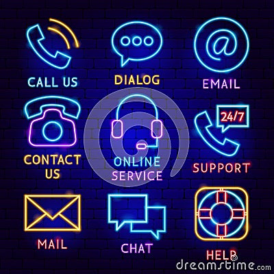 Contact Us Neon Label Set Vector Illustration