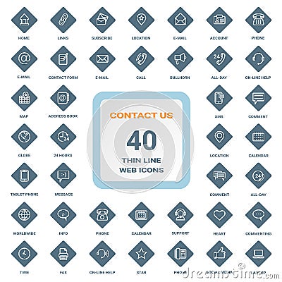 Contact Us - Set Of Thin Line Web Icons On A Rhombus Shields Isolated On A Background. Icon Set. Vector Illustration