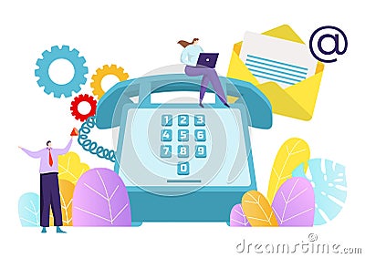 Contact us support service, tiny character sitting landline phone work laptop, user maintenance flat vector illustration Vector Illustration