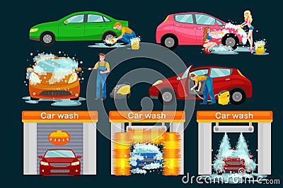 Contactless car washing services, bikini model girl cleaning auto with soap and water, vehicle interior vacuum cleaner Vector Illustration