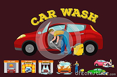 Contactless car washing services, bikini model girl cleaning auto with soap and water, vehicle interior vacuum cleaner Vector Illustration
