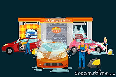 Contactless car washing services, bikini model girl cleaning auto with soap and water, vehicle interior vacuum cleaner Vector Illustration