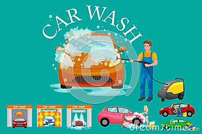 Contactless car washing services, bikini model girl cleaning auto with soap and water, vehicle interior vacuum cleaner Vector Illustration