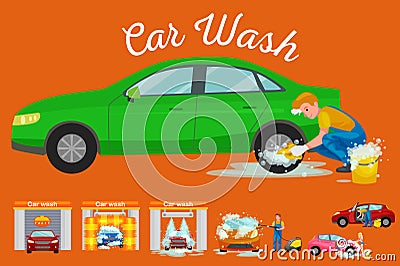 Contactless car washing services, bikini model girl cleaning auto with soap and water, vehicle interior vacuum cleaner Vector Illustration