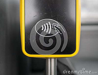 Contactless card and ticket validators for public transportation, in Bucharest Romania Editorial Stock Photo