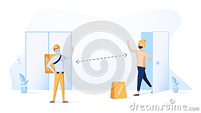 Contactless delivery concept illustration. Vector scene with courier and woman in protective masks and food bag Cartoon Illustration