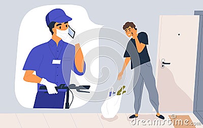 Contactless delivery service concept. Courier in medical mask and gloves call the customer. Man receiving grocery bag Vector Illustration