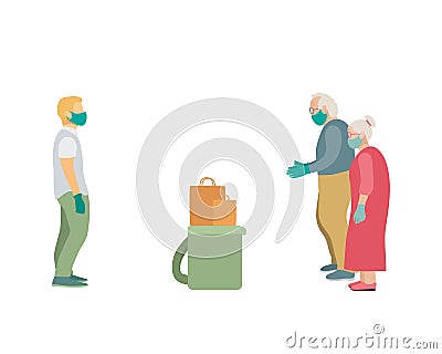 Contactless grocery delivery to aged people, courier in a medical mask and gloves delivered packages and remained at a distance, Cartoon Illustration