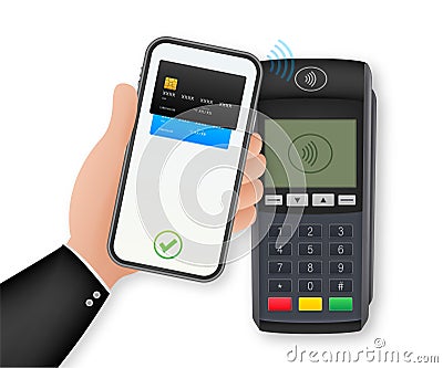 Contactless Payment Methods Mobile smart phone and wireless POS Terminal realistic style. Vector stock illustration Vector Illustration