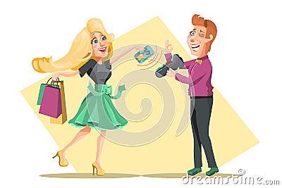 Contactless payment process, device. Cartoon women character paying for the shopping with credit card contactless Vector Illustration