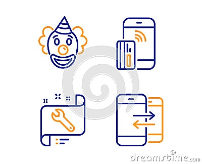 Contactless payment, Spanner and Clown icons set. Phone communication sign. Vector Vector Illustration