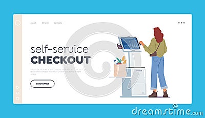 Contactless Payment Technologies Landing Page Template. Female Character in Supermarket Stand at Checkout Self Service Vector Illustration