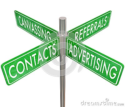 Contacts Advertising Canvassing Referrals Road Signs Finding New Stock Photo