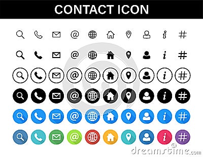Contacts icon set. Collection social media or communication symbols. Contact, e-mail, mobile phone, message. Vector Vector Illustration