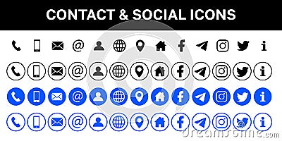 Contacts vector icons, social icons in flat style. Vector icons with and without round strokes. Icons for your design on an Vector Illustration