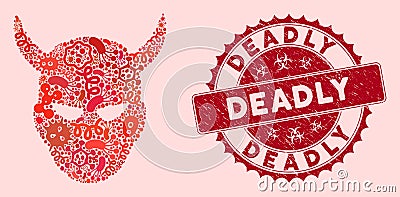 Contagion Collage Daemon Head Icon with Distress Deadly Stamp Vector Illustration