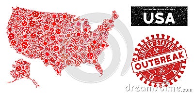 Contagion Collage USA with Alaska Map with Grunge OUTBREAK Stamp Vector Illustration