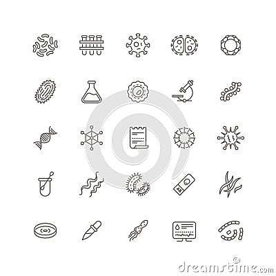 Contagion microbes, flu viruses and microorganisms line icons. Clinical laboratory equipment and microbiology vector Vector Illustration