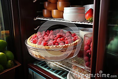 Container with berry pie in the refrigerator. Frozen semi-finished baked goods with juicy berries and cream for long Stock Photo