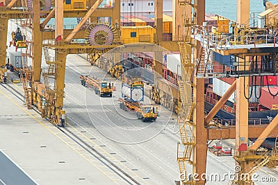 Container Cargo freight ship with working crane loading bridge i Stock Photo