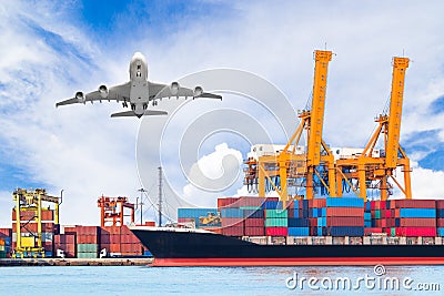 Container cargo freight ship with working crane loading bridge Stock Photo