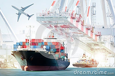 Container Cargo ship and Cargo plane for logistic import export background Stock Photo