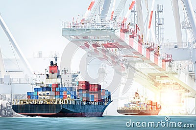 Container cargo ship entering the port with harbor crane background. Freight Transportation. Stock Photo