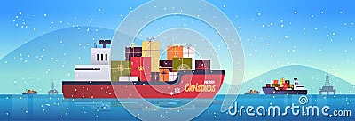 Container cargo ship with gift present boxes logistic transportation concept christmas new year winter holidays Vector Illustration