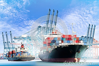 Container Cargo ship with ports crane bridge in harbor Stock Photo