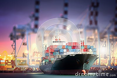 Container Cargo ship with ports crane bridge in harbor for logistic import export background Stock Photo