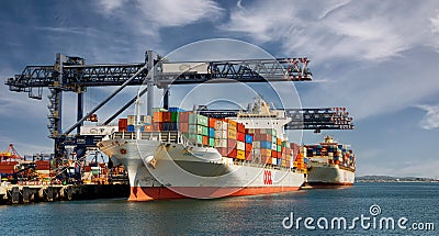 Container cargo ships berthed at Hayes Wharf Port Botany Australia Editorial Stock Photo