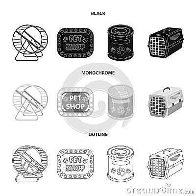 Container for carrying animals and other attributes of the zoo store. Pet shop set collection icons in black,monochrome Vector Illustration