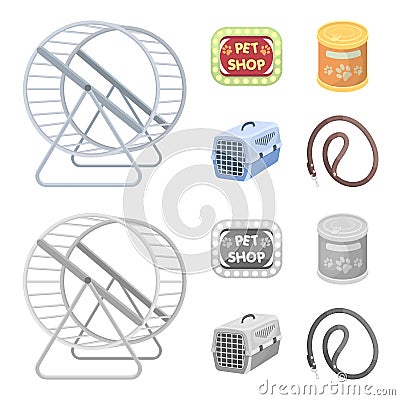 Container for carrying animals and other attributes of the zoo store. Pet shop set collection icons in cartoon Vector Illustration