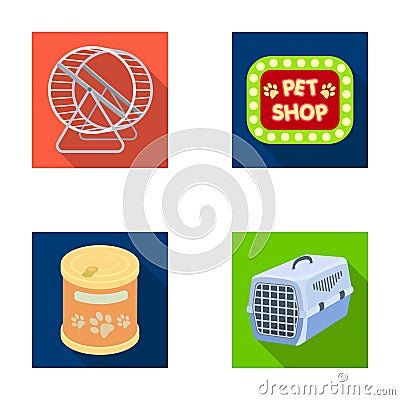 Container for carrying animals and other attributes of the zoo store. Pet shop set collection icons in flat style vector Vector Illustration