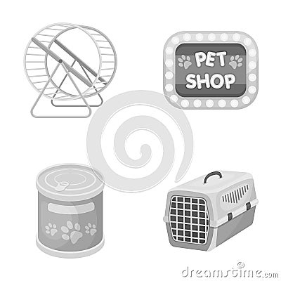 Container for carrying animals and other attributes of the zoo store. Pet shop set collection icons in monochrome style Vector Illustration